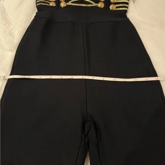 Dalia Macphee Black & Gold Bodycon Military Jumpsuit Size 2/4 Small NWT